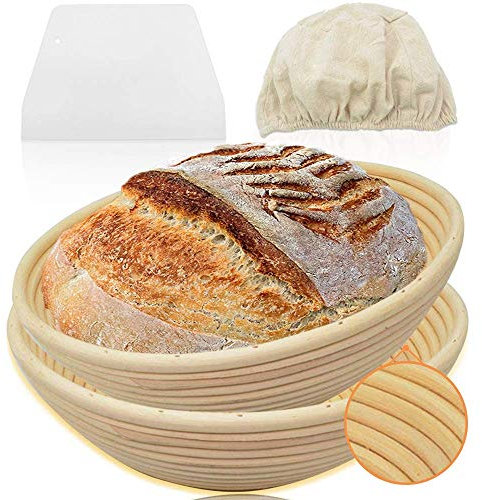Walfos Gärkorb zum Brotbacken 23cm Gärkorb Rund Banneton Proof Korb 2er Set Sauerteigbrotkorb im französischen Stil, 100% Natürliches Rattan, Teigschaber Inklusive