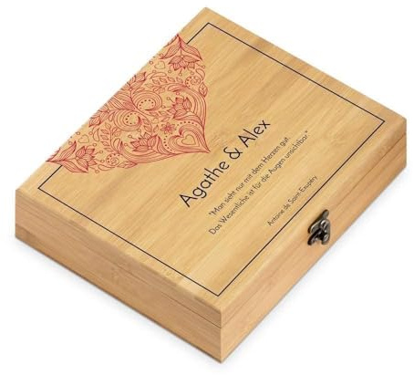 Maverton Weinöffner-Set personalisiert Weinset Sommelier Set in Bambuskiste | Geschenkbox Holzbox + 6er Weinzubehörset, aus Bambus, Geschenk Hochzeit Hochzeitstag Paar