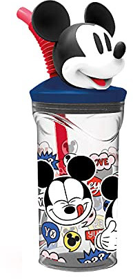 p:os 33816 Disney Mickey Mouse - Trinkbecher für Kinder mit integriertem Strohhalm, Deckel und 3D Figur von Mickey, Trinkgefäß mit ca. 360 ml Fassungsvermögen, ideal für kalte Getränke
