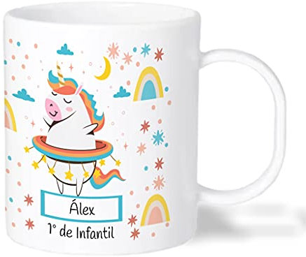 Bee Ingenious Taza PLÁSTICO personalizada. Tazas nombre Vuelta al Cole infantil. Tazas unicornio personalizada. Tazas desayuno niños. Varios Diseños a Elegir. Colección: Unicornios (Estrellas)