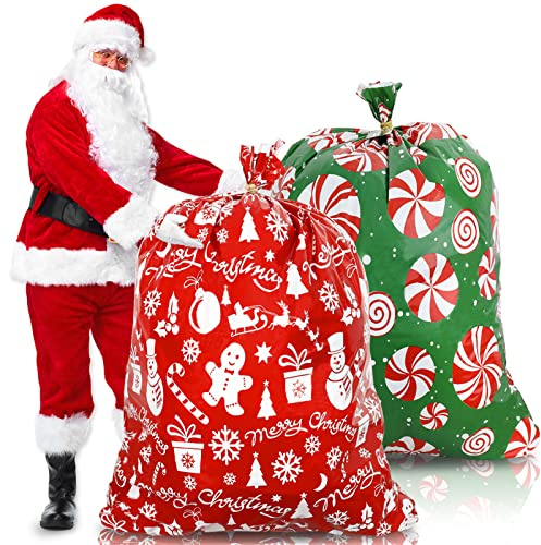 Whaline 2Pcs Christmas Giant Gift Bags 36 x 44 Xmas Huge Plastic Present Bag Jumbo Red Green Snowman Peppermint Storage Bag with 2Pcs Tags & Strings Ties Oversized Toy Wrapping Sack for Party Favors