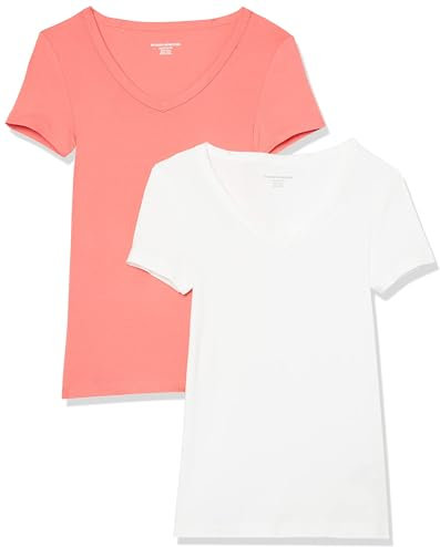 Amazon Essentials T-Shirt Col en v à Manches Courtes Coupe Ajustée Femme, Lot de 2, Blanc/Rose Incandescent, XS