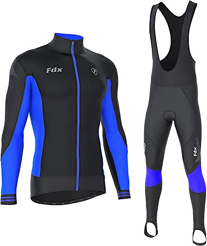 FDX Men's Thermodream Winter Cycling Suit - Italian Thermal Roubaix Windproof Clothing Set - Long Sleeve Jersey with 3D Padded Bib Tight for Biking, Bicycle Riding, Outdoor Sports (Blue-3XL)