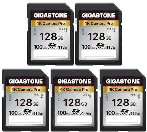 GIGASTONE 4K Kamera Pro 128GB SDXC Speicherkarte 5er-Pack mit bis zu 100 MB/Sek. für Digitalkameras Canon Sony Olympus, 4K UHD Videoaufnahmen UHS-I U3 V30 Klasse 10
