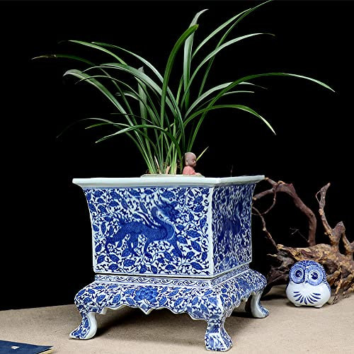WLBHWL Blumentopf Jingdezhen Chinesische Orientalische Blau-Weiß-Keramik-Blumentöpfe Indoor Mit Sockel Blau-weißes Porzellan Handbemalt Vier Ecken Chinesischer Blumentopf