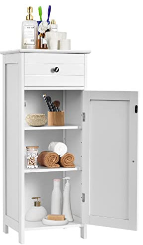 GOPLUS Armoire de Rangement pour Salle de Bain,Meuble de Toilette sur Pied en MDF avec Tiroir et 2 Etagère Réglable à Hauteurs,pour Salon Cuisine et Couloir,35x30x87cm (Blanc)
