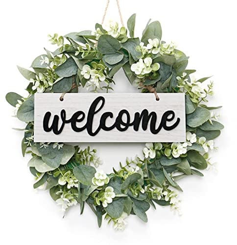 SOMYTING Couronne D'eucalyptus Artificielle 40 cm Feuilles Guirlande de Bienvenue Couronne de Porte Décoration Murale pour Le Salon Mariage Printemps Porte D'entrée