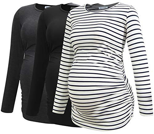 Smallshow Women's Maternity Tops Long Sleeve Pregnancy Clothes T Shirts 3-Packs,Black-Deep Grey-White Stripe,M