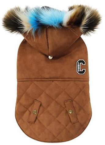 Croci Hundejacke mit Shearling-Kapuze, Rückengröße 40 cm, gefüttert und verstellbar, mit Gummizug und Loch für Leine und Geschirr, braune Farbe