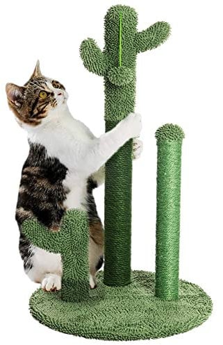 BAKAJI Rascador rascador de 3 Cactus con Bola de árbol en Forma de Planta para Gatos Animales felinos Color Verde con Flor interactiva para uñas antiarañazos Juguete Estable y Resistente Resistente