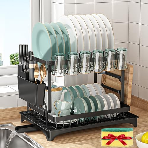 Dish Drying Rack,Dish Rack for Kitchen Counter,2 Tier Large Dish Drying Rack with Drainboard Stainless Steel Dish Drainer with Drainage Utensil Holder for Dish/Knifes/Cup/Cutting Board(14.6*11*12 IN)