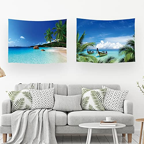 Ulticool – Wandteppich Dekoration Wohnung - Strand Meer Palme Sommer - Blau - Set von 2 Motiven – 73 cm x 95 cm - Wandtuch - Accessoires für Schlafzimmer Wohnzimmer Kinderzimmer