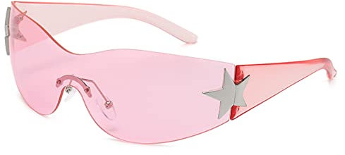 YUELUQU Rimless Y2K Sunglasses - for Women Men Oversized Wrap Around Cycling Eyewear UV400 Protection outdoor (Pink)