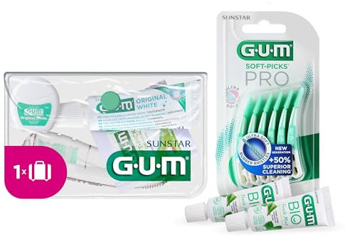 GUM Reise-Set: Zahnbürste, Weiße Zahnpasta, Zahnseide und 2 Soft-Picks mit 2 Bonusproben