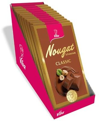 Viba Nougat-Tafelschokolade Classic, 10 x 100 g – Edelvollmilch-Schokolade mit 33% Nougatfüllung – Haselnuss Nougat Schokolade Vorratspack