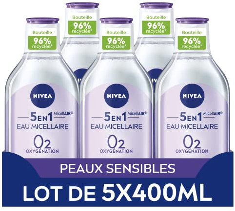 NIVEA MicellAIR SKIN BREATHE Eau Micellaire Peaux Sensibles (lot de 5 x 400 ml), démaquillant 3 en 1 sans parfum ni colorant, nettoyant visage, yeux & lèvres