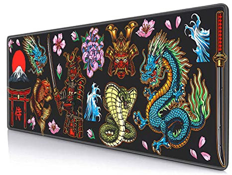 Erweitertes großes Gaming Mauspad mit genähten Kanten, Anime Japanische Samurai Dragon Schreibtischmatte, Rutschfestes Computer Großes Mauspad mit Tastaturpad für Arbeit, Zuhause,31.5x11.6 Zoll