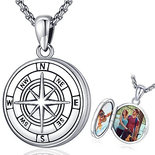 Odinstone Medaillon zum öffnen für bilder, Kompass Medaillon Halskette Damen 925 Sterling Silber Anhänger, Foto Medaillon für Frauen