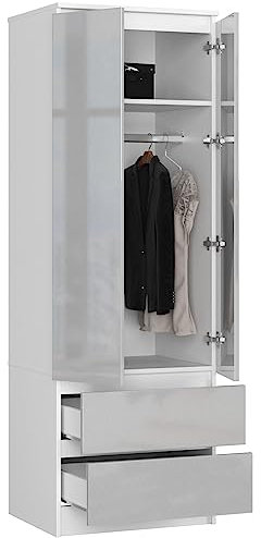 BDW Kleiderschrank 2-Türiger Kleiderschrank mit 2 Schubladen - Kleiderbügel - Oberfläche Glanz - Kleiderschrank für das Schlafzimmer Wohnzimmer Flur - 180x60x51cm Weiß/Grau