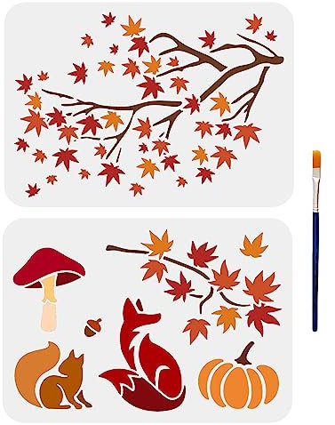 MAYJOYDIY Lot de 2 pochoirs feuilles d'automne, 29,7 x 21 cm, avec pinceau, motif feuille d'érable d'automne et citrouille pour peinture sur bois, sol, mur, bricolage, décoration d'intérieur de ferme