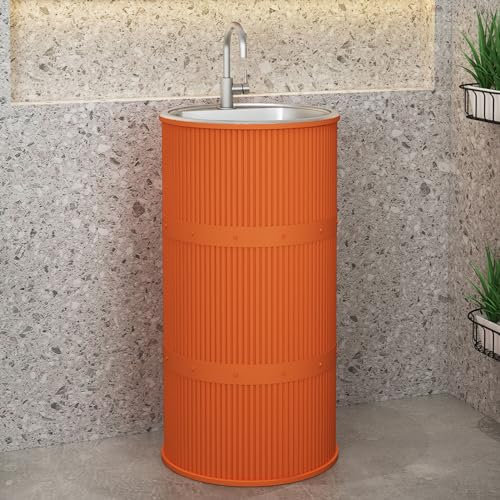 Lavandino a Colonna Moderno in Ferro Battuto, Mobile da Bagno con Lavabo in Acciaio Inox, Lavandino su Piedistallo Freestanding Set con Rubinetto e Scarico (senza contenitore,Arancione)