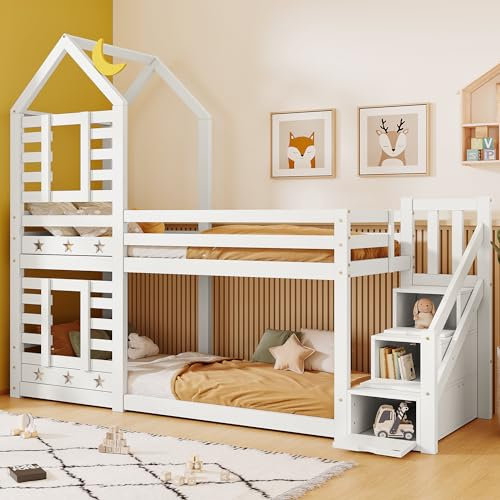 Bunk Bed Storage Children Cabin Bed Single Bed with Window for Kids, Twin Sleeper 190x90 cm, Solid Pine Wood, 3FT -White