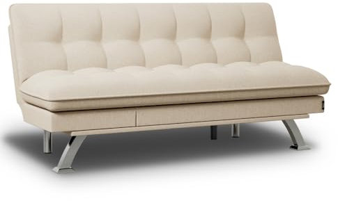 Nalui - Sofá Cama 3 Plazas Acolchado Extra 194x103x92cm Cloud Dots con Apertura Clic-Clac Y 6 Reclinaciones Laterales. Sofá Cama Chaise Longue con Patas de Metal Convertible en Cama Doble | Beig