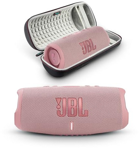 JBL Charge 5 - Altavoz Bluetooth portátil con funda rígida Megen de viaje con IP67 impermeable y salida de carga USB (rosa)