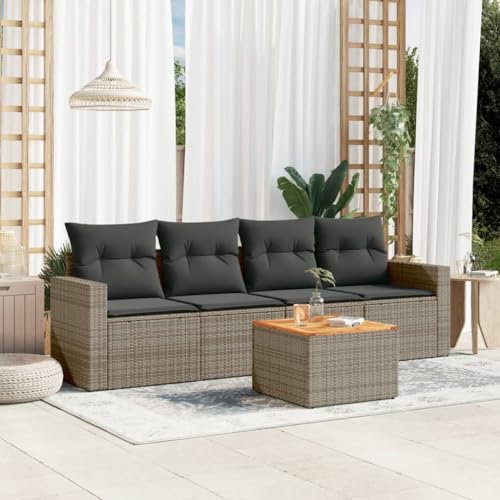 ULUYYUC 5-TLG. Garten-Sofagarnitur, Eckbank Schlafsofa Hocker Eckbankgruppe Geeignet für Balkon Hinterhof Garten Außenbereich mit Kissen Grau Poly Rattan