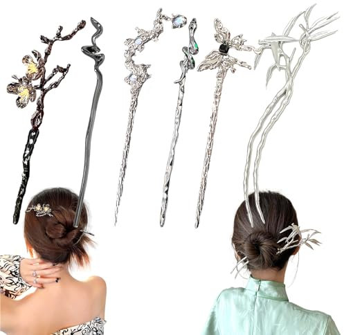 6 Piezas Palo de Pelo, Palillos de Pelo Retro, Palillos de Madera para el Cabello, Aplicar para Mujeres y Niñas, Estilo Clásico Japonés Chino(Plateado y Negro)