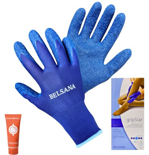 PHARMA PERLE BELSANA GripStar Spezialhandschuhe I Handschuhe zum An- und Ausziehen von Strümpfen, Kompressionsstrümpfe, Stützstrümpfe I Arbeitshandschuhe I Größe M I Spar-Set plus give-away (1 Paar)