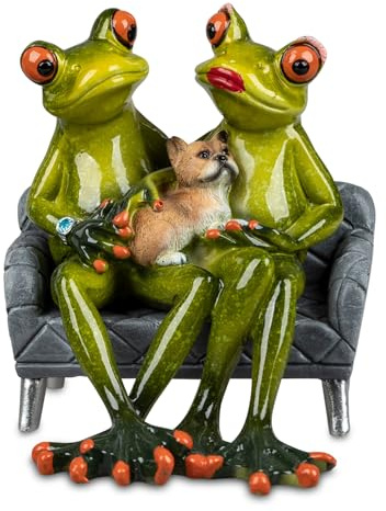 generisch Dekofigur Froschpaar mit Hund | Figur Frosch auf Sofa | Froschfigur | 12x11 cm
