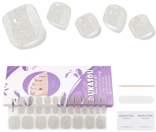 DUKASOU Semi-Cured Gel Toe Nail Stickers 32 Pcs, Soft Full Wraps Self-Adhesive Toenail Stickers, Salon-Quality Gel Nail Strips UV/LED Lamp Required