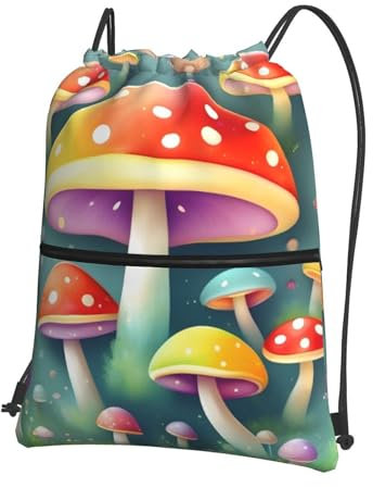 YYHWHJDE Niedlicher farbiger Pilz-Rucksack, bedruckt, hochwertiger Kordelzug, Reißverschluss, geeignet für Outdoor-Freizeit, 15,3 x 45,7 cm (L x H), Schwarz , One size