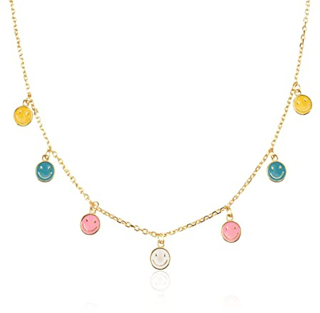 SHOUKAII Halsketten Silber Goldene Dünne Kette Niedliche Smiley-Anhänger-Halskette Damenmode Elegante Party-Halskette Damenanhänger(Gold Colorful Simle)
