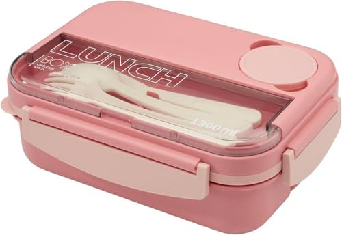 Box Lunch Box,1300ml Bento Lunch Box for Adults and Kids,Lunch Container with 4 Compartments,, 4-in-1 Meal Prep Container with Fork & Spoon, Microwave Dishwasher Safe Available (Beige) (Pink)