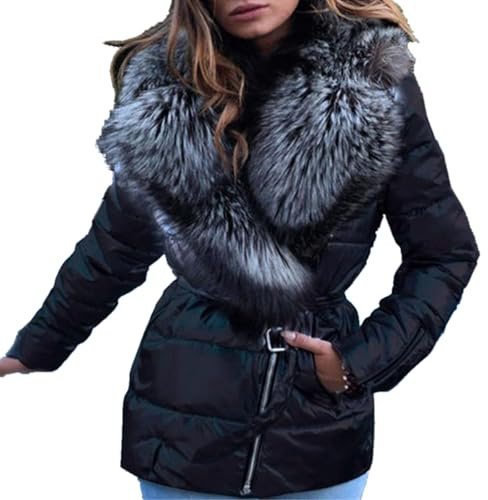 ZRYAZQ Daunenjacke Damen Winter Warm Glänzend Steppjacke Damen Leicht mit Kapuze Daunenmantel mit Gürtel und Fellkapuze Steppmantel Reflektierend mit Taschen Winterjacke Warme Wintermantel Zipper
