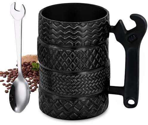 Tyre Shaped Mug, 500 ml Tyre Cup with Spoon, Ceramic Cup in Tyre Shape, Tyre Cup, Matted Ceramic Cup for Office, Home, Milk, Tea, Water