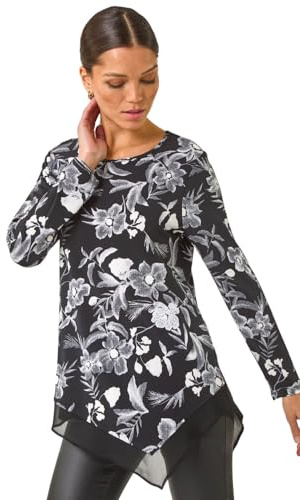 Roman Originals Chiffon Hem Top for Women UK - Ladies Asymmetric Hemline Stretchy Blouse Summer Spring Evening Vacation Work Holiday Short & Long Sleeve Smart Casual - Black Grey - Size 18