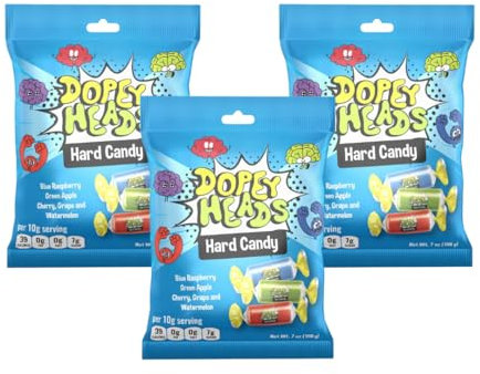 Dopey Heads | HALAL | Assorted Hard Candy | Five Flavours | Blue Raspberry | Apple | Cherry | Grape | Watermelon | Pack of 3 | Weight 198g (7 oz) Each (Assorted Hard Candy)