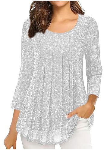 Glitzer Oberteile Damen 3/4 Ärmel Bluse Elegant Pailletten Tunika Festliche Blusenshirt Mesh Pullover Einfarbig Tshirt Silvester Outfit Leicht und Luftig T-Shirt Mode Blusentop Longbluse