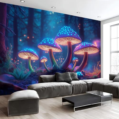 Fototapete 3D Effekt Dekoration, Nacht Pilze Wandbild 450X315Cm (B×H) Seidentuch Tapete Wandtapeten, Cartoon Fantasy Wandbilder 220G/M2 Fototapete Moderne Panorama Wanddeko