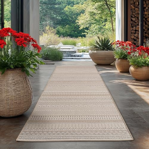 Carpetsale24 Outdoor Teppich Beige 80x250 cm Läufer, Wetterfest & UV-beständig, ideal für Küche, Balkon, Terrasse auch Wohnzimmer und Esszimmer, Skandinavisches Boho-Design, Leicht zu Reinigen
