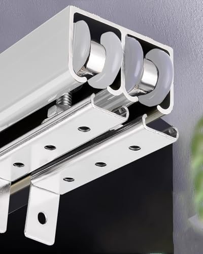 Minglez Kit Porte Coulissante Rail de Porte Coulissante Double Robuste, Argenté, avec Deux Poulies, pour Porte de Grange, Montage par Le Haut, pour Armoires, Placards et Buanderies.(3.5ft/106.7cm)