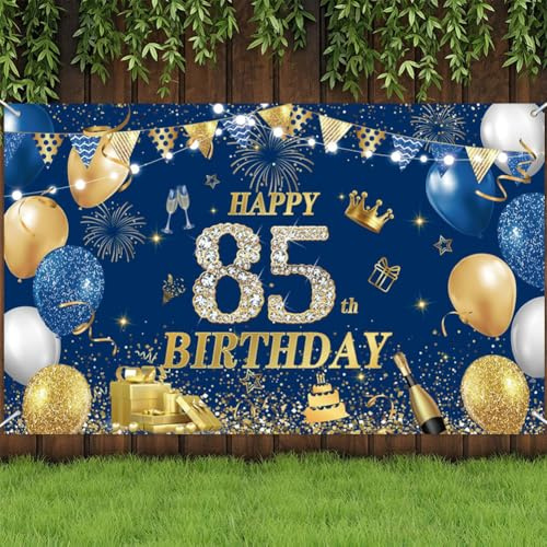 Yontree Banner Happy 85th Birthday, 180 x 110 cm, Blau / Gold, Happy Birthday-Banner, Hintergrund zum 85. Geburtstag, Dekorationen für Männer und Frauen, 85 Jahre alt, Geburtstag, Jahrestag
