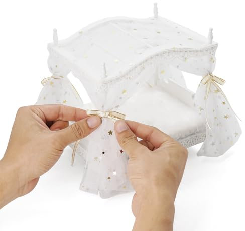 Odoria Puppenhaus Prinzessin Bett Miniatur: 1/12 Maßstab Puppenbett Weiß Luxuriös für 15cm Puppe Schlafzimmer - Mini Himmelbett Möbel mit Betthimmel Holz