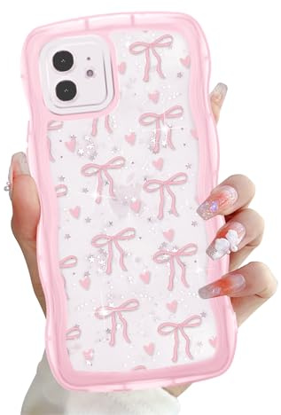 Zrutru Cute Bow Glitter Phone Case for iPhone 12 mini 5.4,Kawaii Ribbons Bling Wave Cases Girly Heart Sparkling Wavy Cover for Women Girls,Clear Soft Shockproof Protection for iPhone 12 mini,Pink