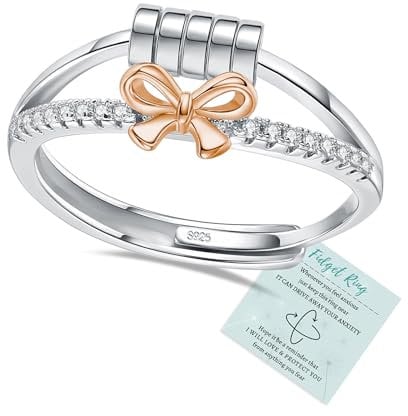 Sterling Silver Anxiety Ring Rose Gold, Adjustable Rose Gold Anxiety Rings Bow Ring with Cubic Zirconia, Spinner Fidget Rings for Women Birthday Jewellery Gifts Stress Relief Gifts