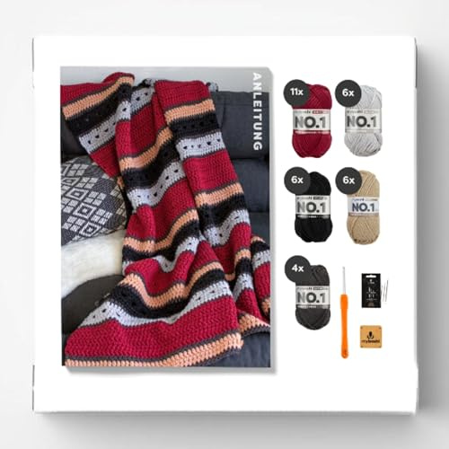 myboshi Häkelset Decke Arata, inkl. No.1 Wolle, Häkelnadel und Anleitung, Häkelpaket, 30% Merinowolle Rot mit Häkelnadel
