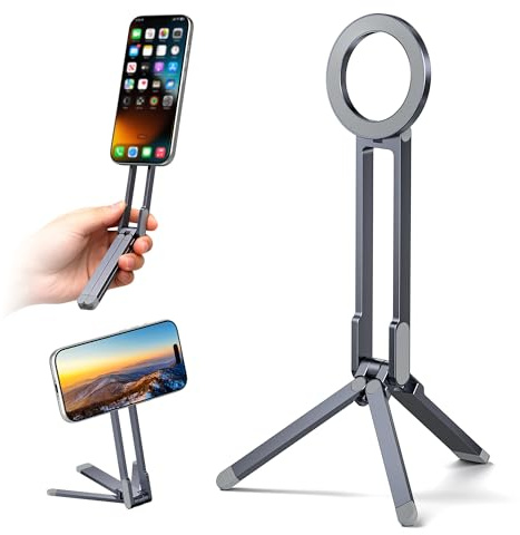 Itramax Magnetic Cell Phone Tripod,Adjustable Desk Phone Holder for MagSafe | Portable Mini Tripod Mount for Travel,Vlogging,Selfies,Desk Stand for MagSafe iPhone 17 16 15 14 13 12 11 & Smartphones,Grey